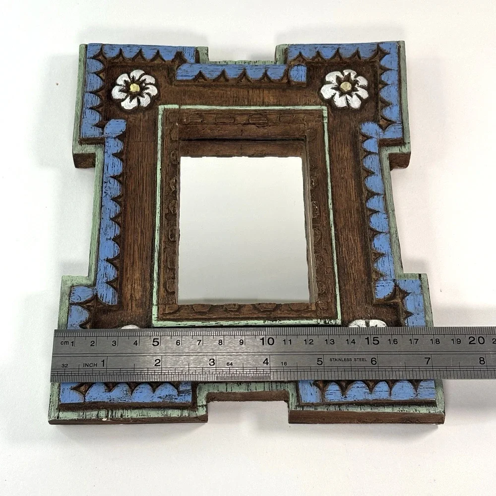 Beautiful Frame Vtg Carved Painted Engraved Mirror Wall Folk Art Boho Cottage